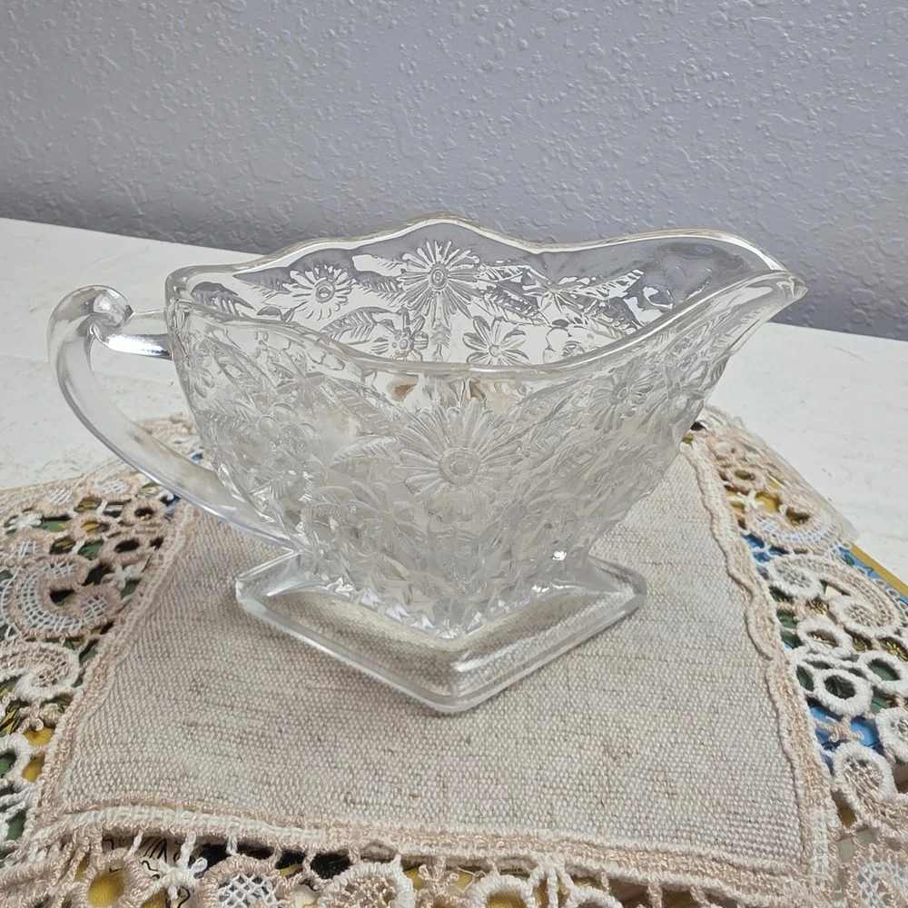 Vintage Indiana Glass Pineapple & Floral Creamer and Sugar Bowl Set Diamond Base